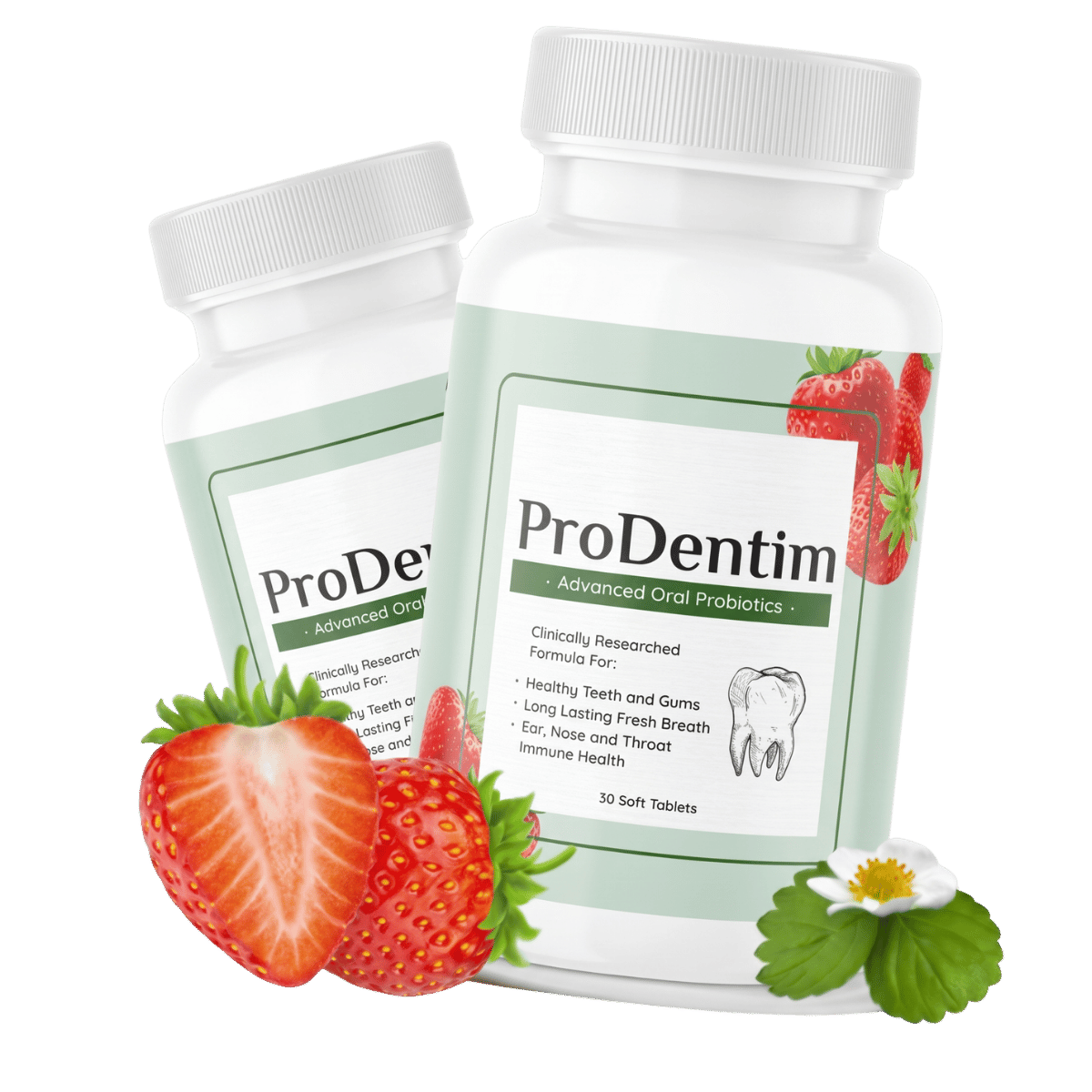 Two bottles of ProDentim with strawberries