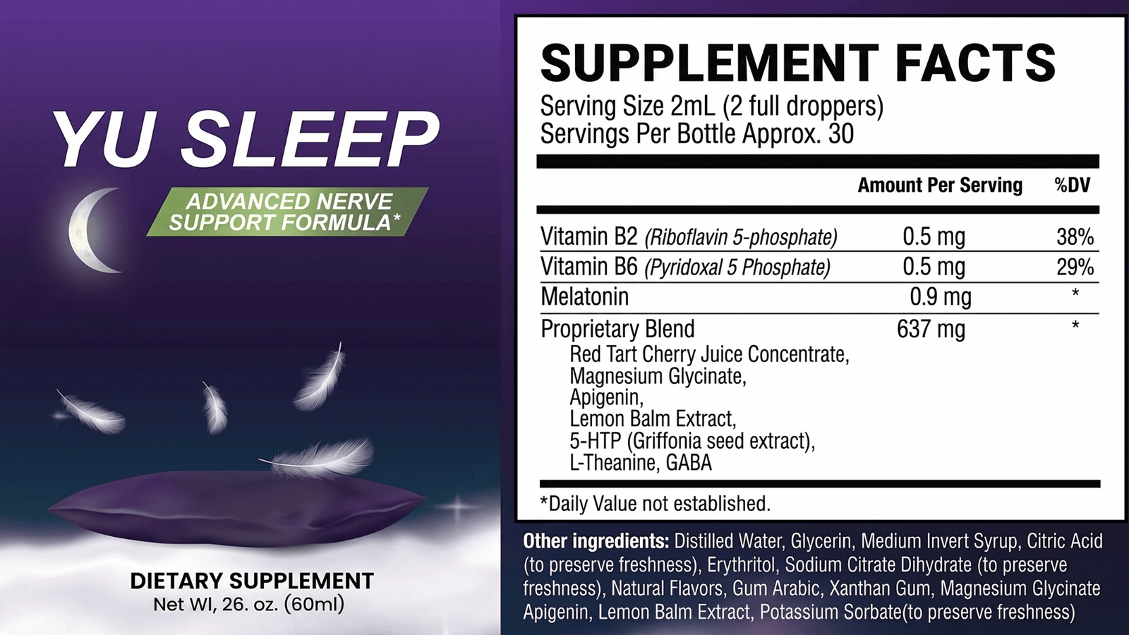 YU Sleep Supplement Facts label showing serving size, vitamins, melatonin and proprietary blend