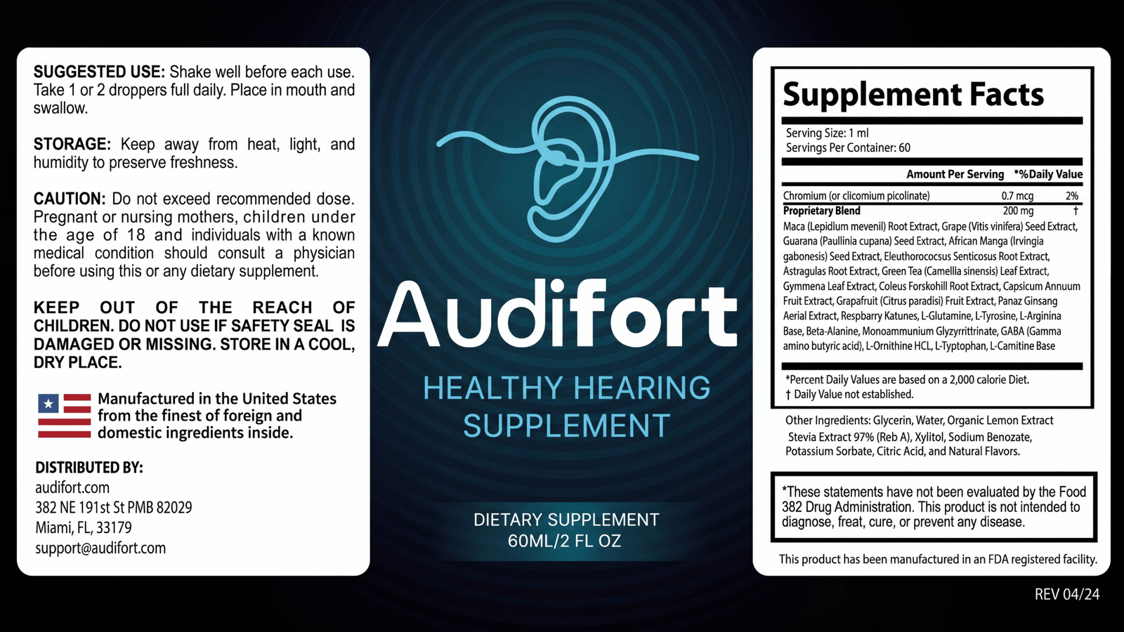 Audifort Supplement Facts panel showing the 1 ml serving and 200 mg proprietary blend