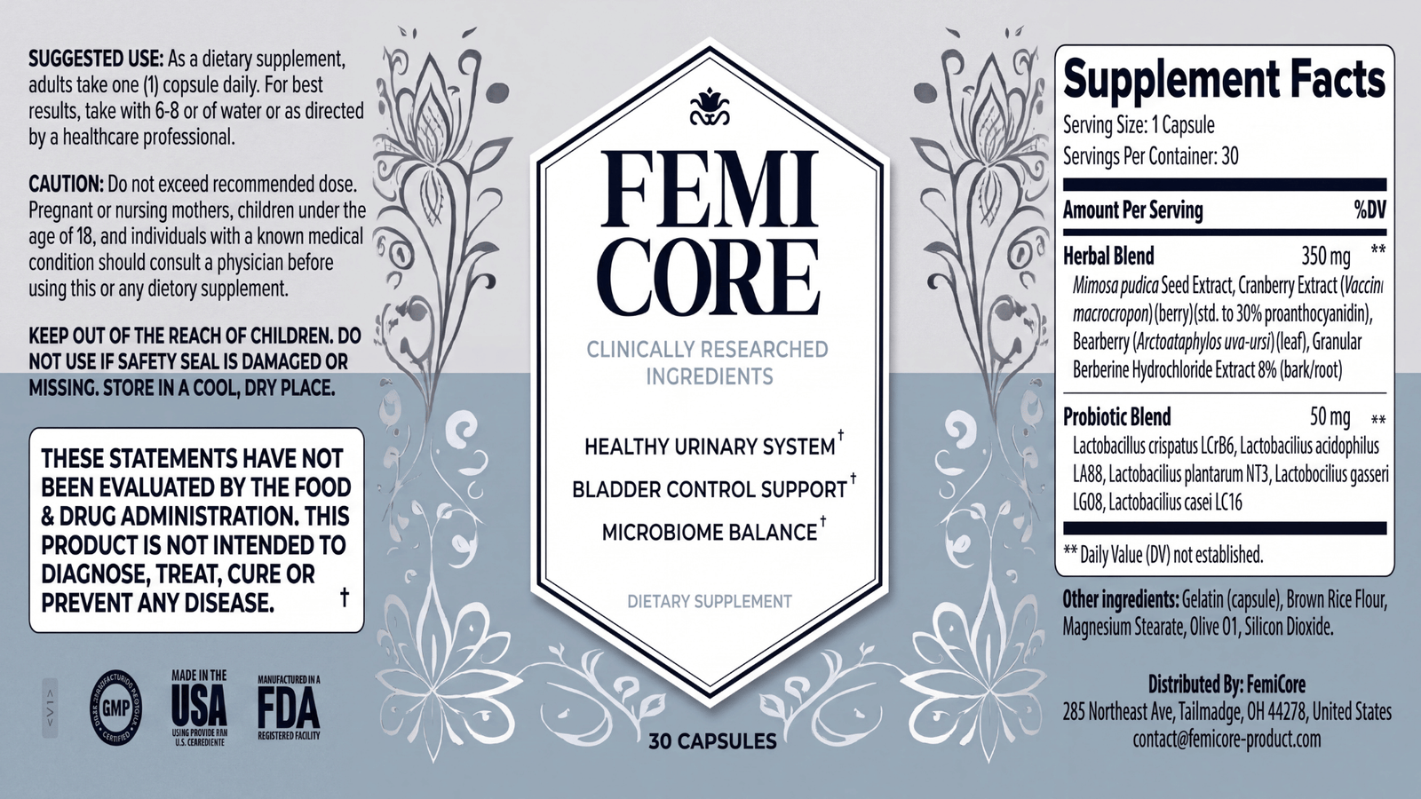 FemiCore Supplement Facts panel showing serving size, herbal blend and probiotic blend