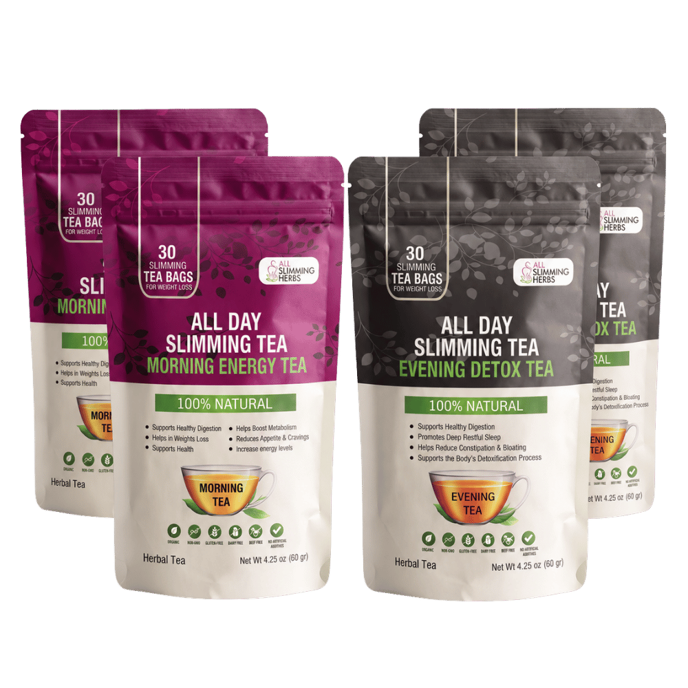 All Day Slimming Tea Morning Energy Tea and Evening Detox Tea pouches