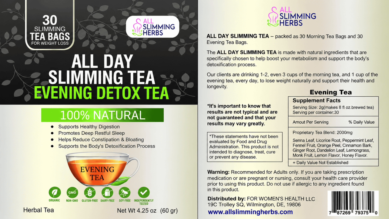 All Day Slimming Tea Evening Detox Tea Supplement Facts label