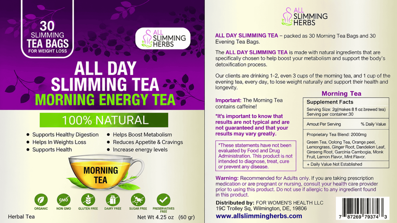 All Day Slimming Tea Morning Energy Tea Supplement Facts label