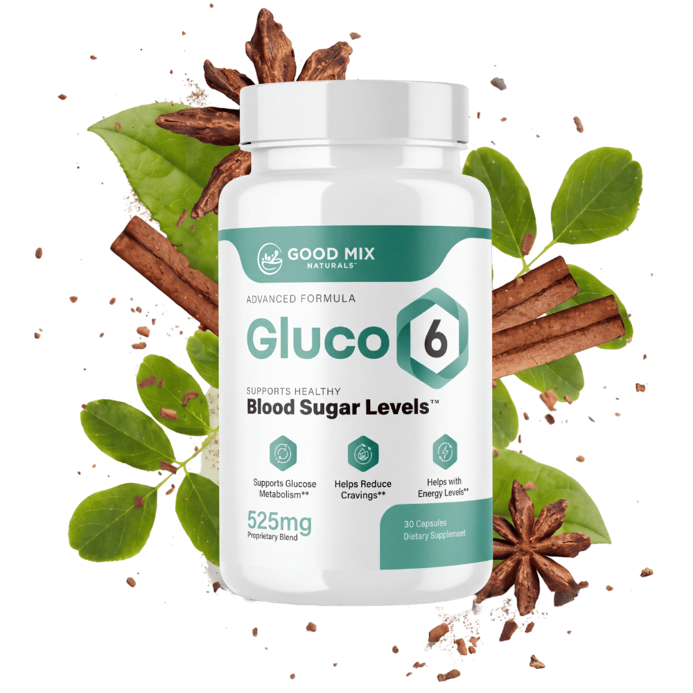 Gluco6 dietary supplement bottle with botanical ingredients