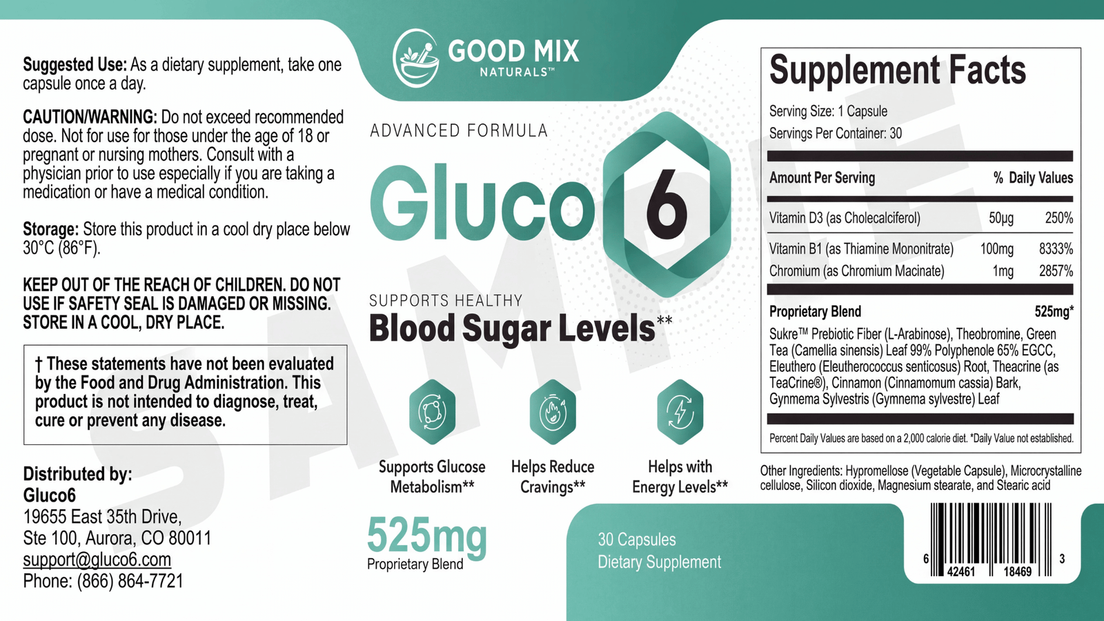 Gluco6 Supplement Facts panel reviewed by Pro Review Metric