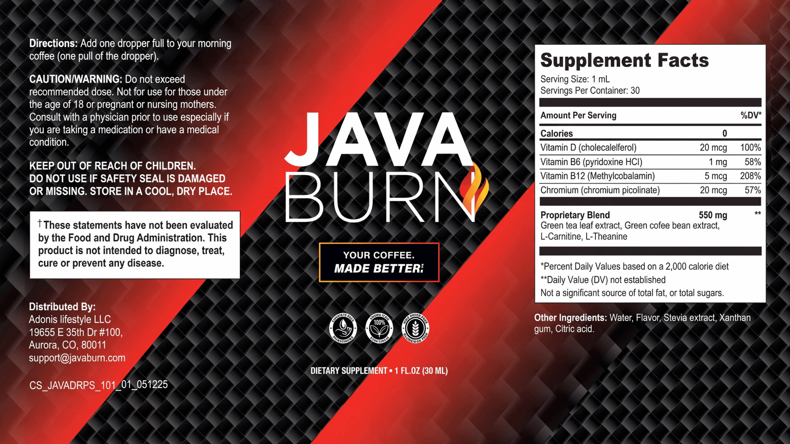 Java Burn 2.0 Supplement Facts panel reviewed by Pro Review Metric