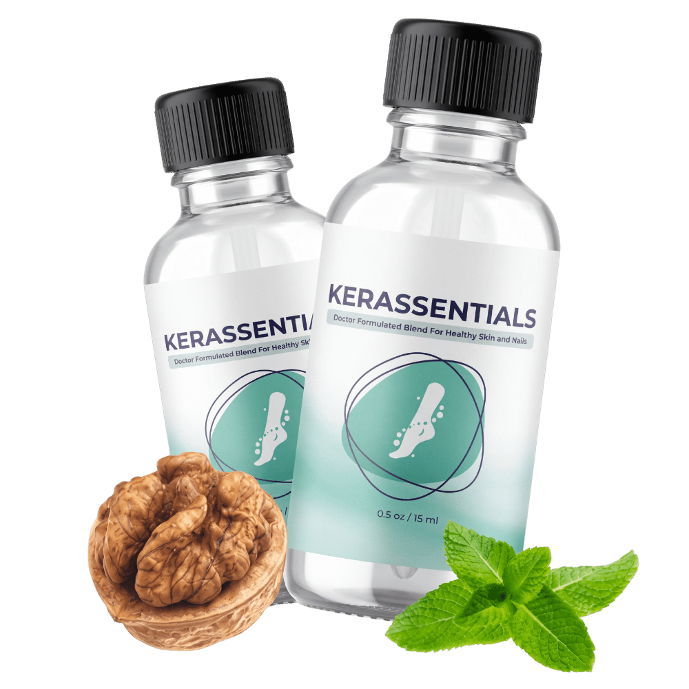 Kerassentials topical nail and skin oil bottles with botanical ingredients