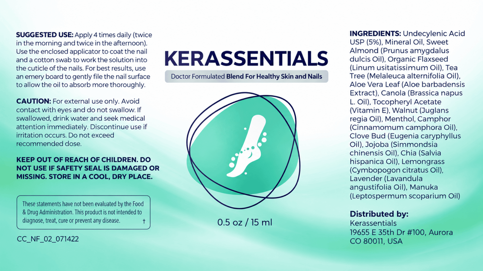Kerassentials physical product label showing suggested use, cautions and 17 listed ingredients