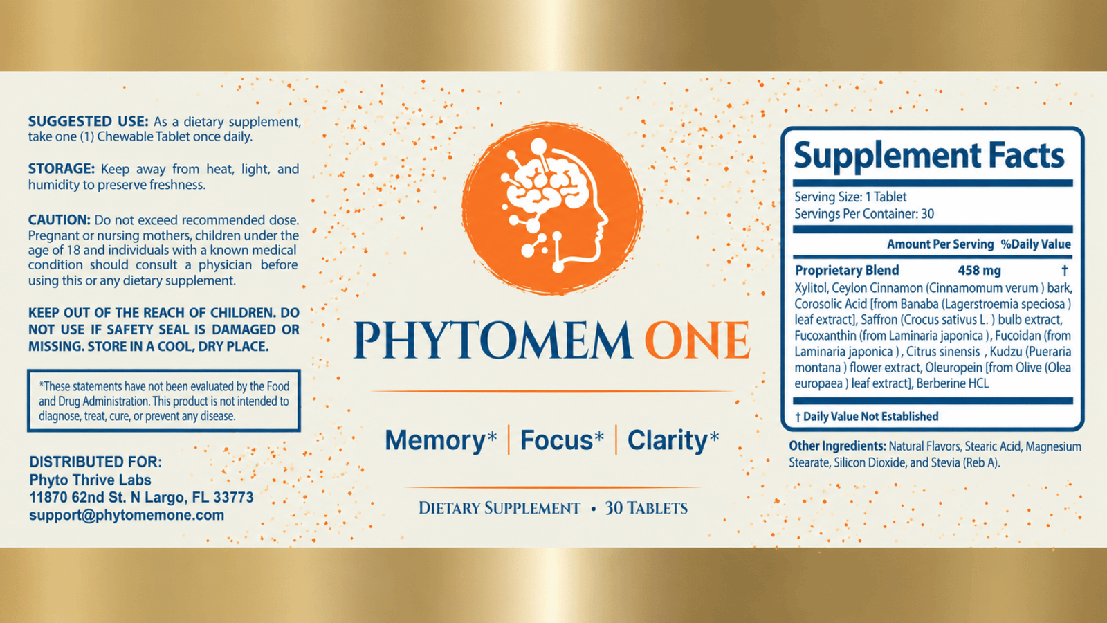 Phytomem One Supplement Facts panel showing a 458 mg proprietary blend, ten named active ingredients and suggested use