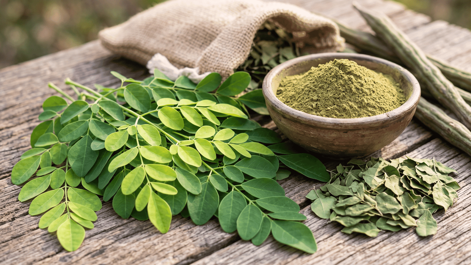 Illustrative Moringa oleifera leaves and powder