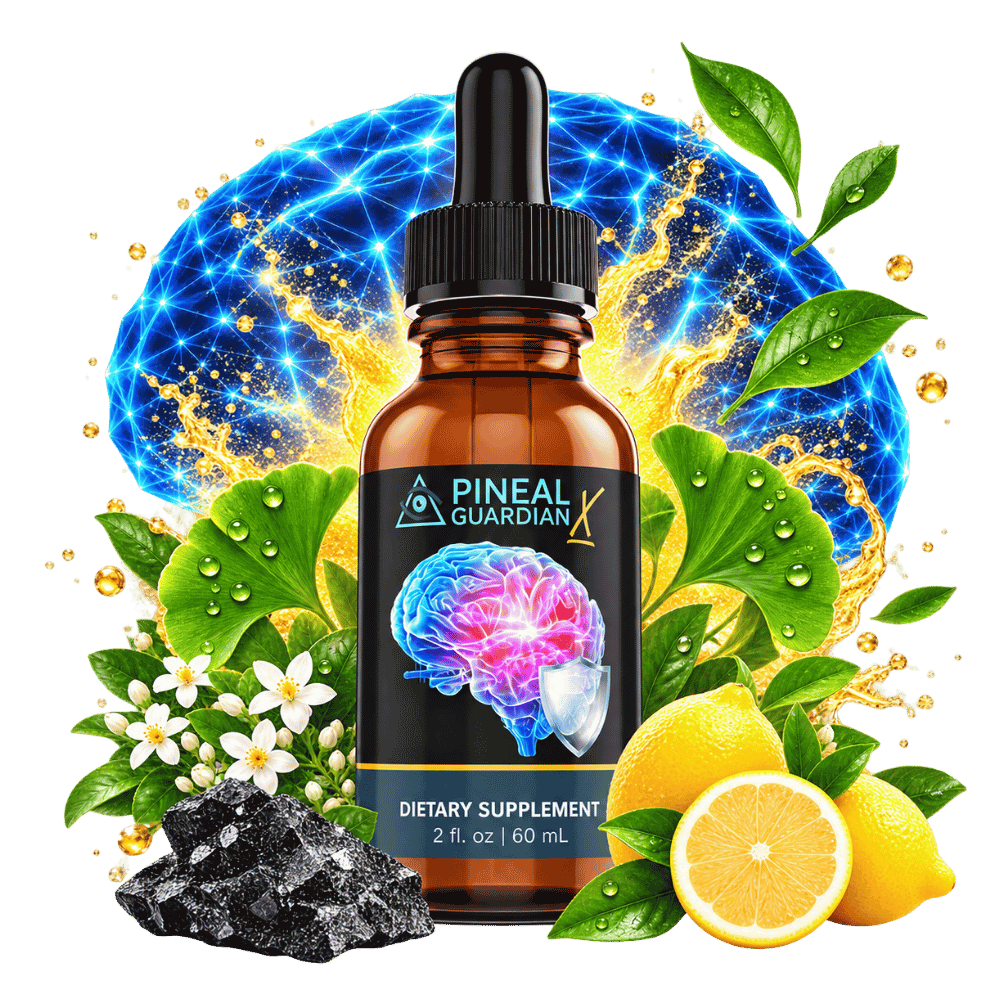 Pineal Guardian X liquid dietary supplement bottle with botanical imagery