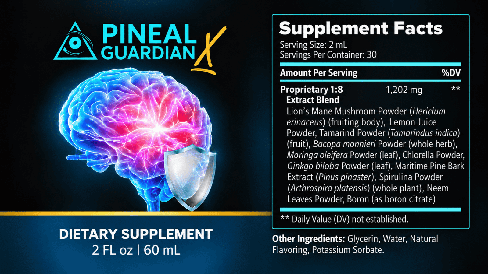Pineal Guardian X Supplement Facts showing a 2 mL serving and 1,202 mg proprietary blend