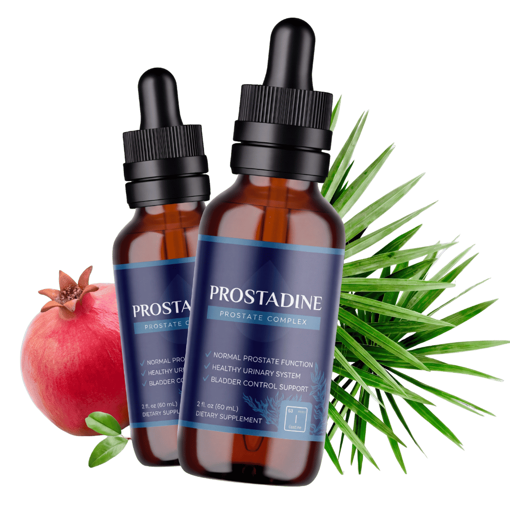 Prostadine dietary supplement bottles with pomegranate and botanical ingredients