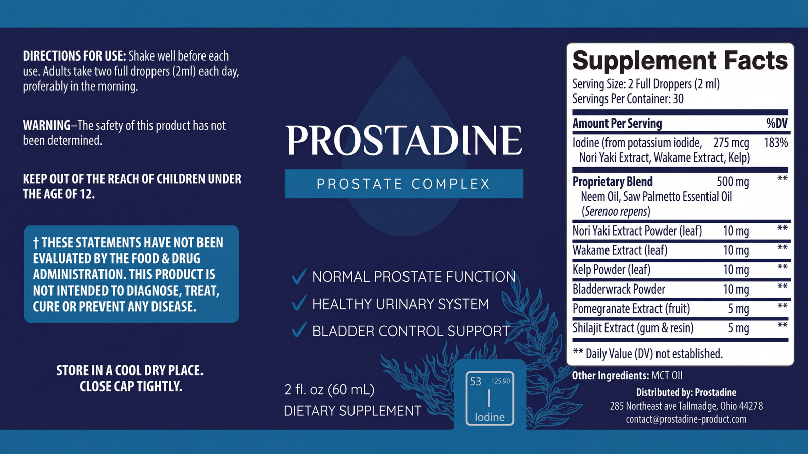 Prostadine Supplement Facts and directions label