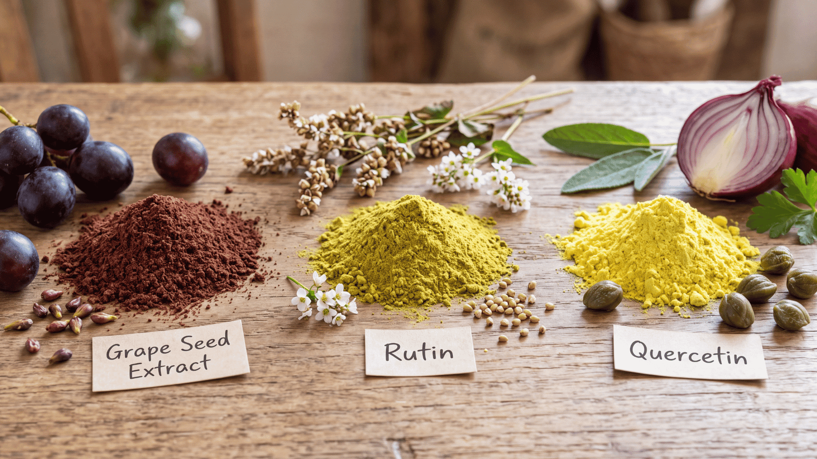 Illustrative grape seed extract, rutin and quercetin ingredients