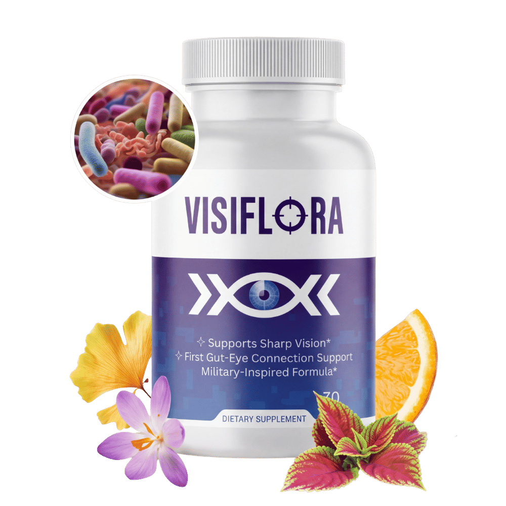 VisiFlora bottle with gut-eye concept graphic