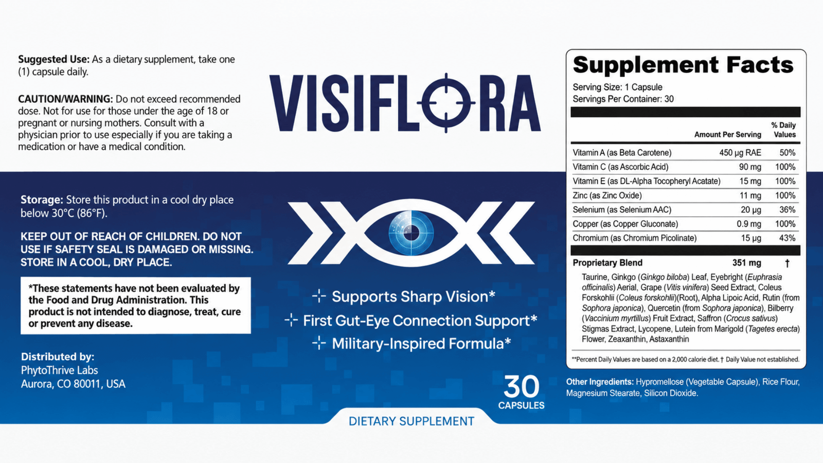VisiFlora Supplement Facts label showing serving size, quantified nutrients, proprietary blend and directions