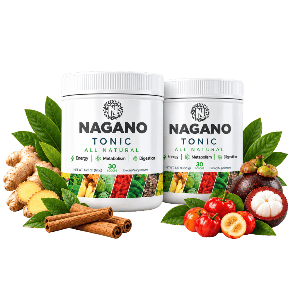 Nagano Tonic supplement jar with fruits and botanicals