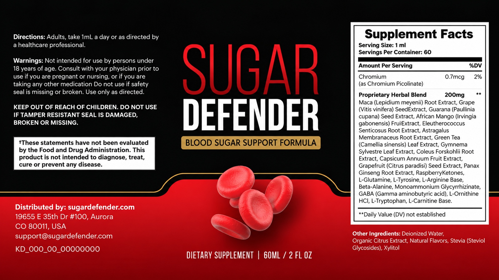 Sugar Defender Supplement Facts showing a 1 mL serving, chromium and a 200 mg proprietary blend